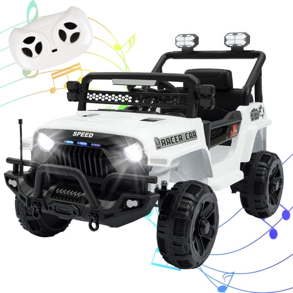 Okybaby 12V Kids Ride On Jeep Car with Remote Control&Four-wheel Suspension, Toddler Electric Ride on Toys with Dual Motor,LED Light/USB/Bluetooth/Bonus Stickers for Kids 2+,White