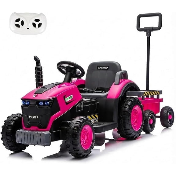 Okybaby 12V Kids Ride on Tractor with Detachable Trailer, Electric Ride on Toys Car with Remote Control,LED Lights,Bluetooth,USB,MP3, Kids Tractor for Kids Aged 2-6,Pink