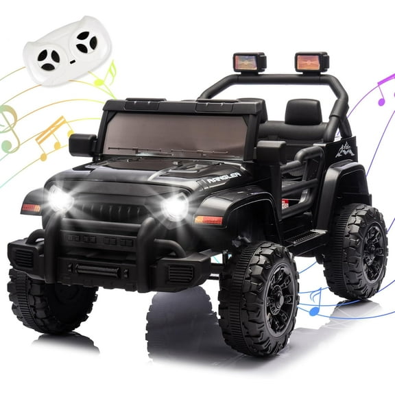 Okybaby 12V Kids Ride On Truck Car with Remote Control&Four-wheel Suspension, Toddler Electric Ride on Toys with Dual Motor,LED Light/USB/Bluetooth/Bonus Stickers for Kids 2+,Black