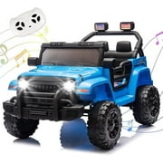 Okybaby 12V Kids Ride On Truck Car with Remote Control&Four-wheel Suspension, Toddler Electric Ride on Toys with Dual Motor,LED Light/USB/Bluetooth/Bonus Stickers for Kids 2+,Blue