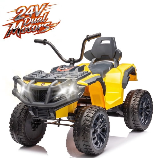 Okybaby 24V Kids Ride on Electric ATV with Realistic Off-Road Design, 2WD, Dual Motors, Electric Kids Ride on Toy Cars with MP3, LED Lights for Kids Aged 3+,Yellow