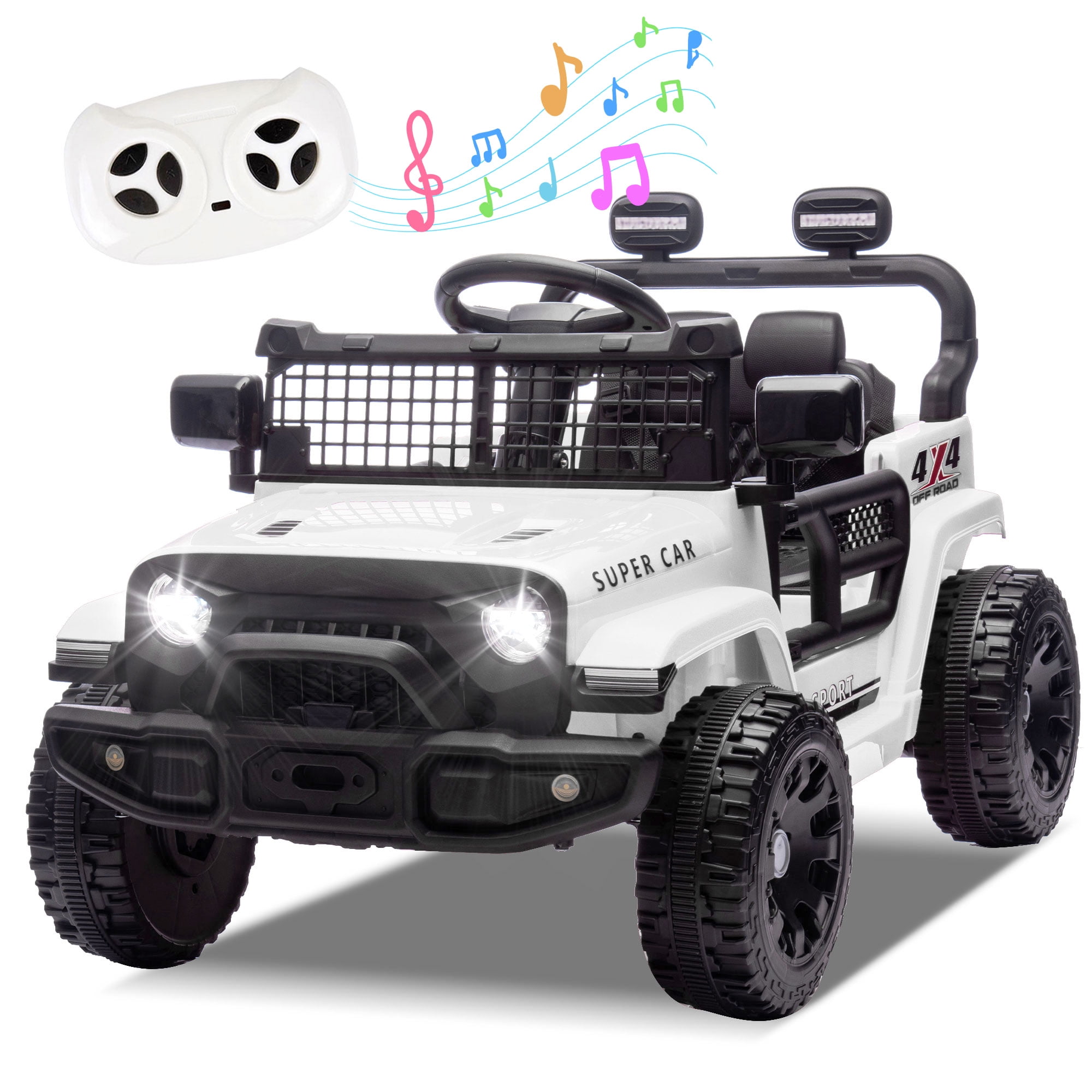 Okybaby 24V Kids Ride On Jeep Car with Remote Control,Four-wheel Suspension, Electric Kids Ride On Toy Car with Dual Motor,LED Light,USB,Bluetooth,MP3 for Kids of 3+, White