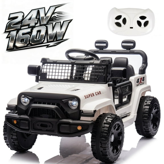 Okybaby 24V Kids Ride On Jeep Car with Remote Control,Four-wheel Suspension, Electric Kids Ride On Toy Car with Dual Motor,LED Light,USB,Bluetooth,MP3 for Kids of 3+, White