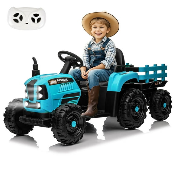 Okybaby 24V Kids Ride on Tractor with Detachable Trailer,Electirc Toy Cars with 200Wx2 Motor&Remote Control, Ride on Toys with Bluetooth,USB,MP3,LED Light for Aged 3-6,Blue