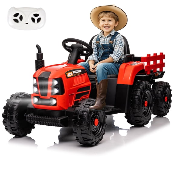 Okybaby 24V Kids Ride on Tractor with Detachable Trailer,Electirc Toy Cars with 200Wx2 Motor&Remote Control, Ride on Toys with Bluetooth,USB,MP3,LED Light for Aged 3-6,Red