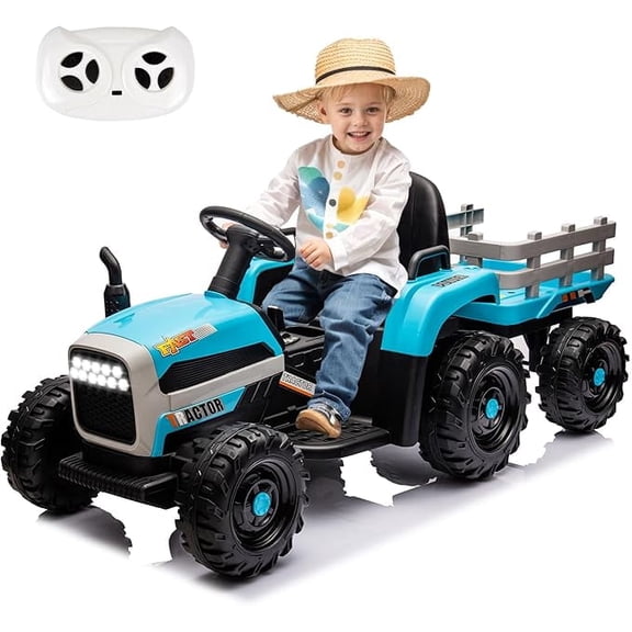 Okybaby 24V Kids Ride on Tractor with Detachable Trailer and Remote Control,Ride on Toys for Toddlers,Electric Toy Cars with 400W Motor,Bluetooth,USB,MP3,LED Light for Aged 3+,Blue