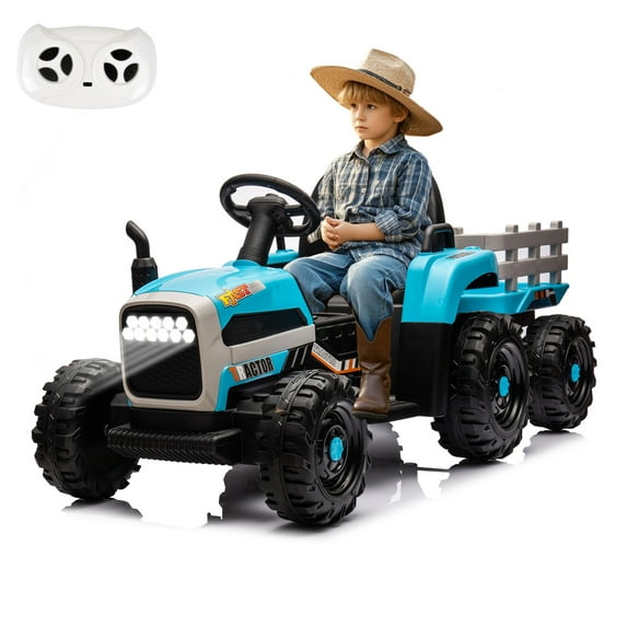okybaby 24V Kids Ride on Tractor with Detachable Trailer, Remote Control, Bluetooth, USB, MP3, LED Light, Blue