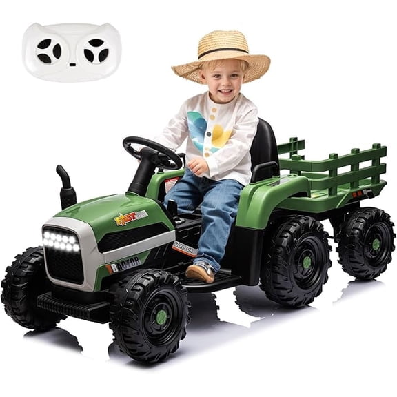 Okybaby 24V Kids Ride on Tractor with Detachable Trailer and Remote Control,Ride on Toys for Toddlers,Electric Toy Cars with 400W Motor,Bluetooth,USB,MP3,LED Light for Aged 3+,Green