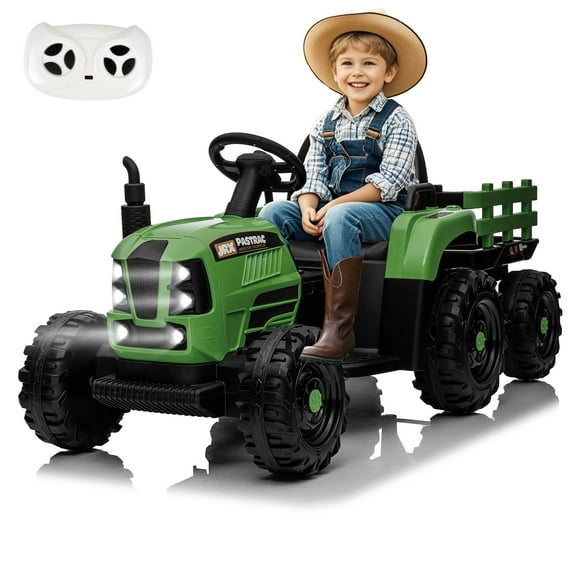 Okybaby 24V Kids Ride on Tractor with Detachable Trailer,Ride on Toy Car for Toddlers with Remote Control,Electric Kids Tractor with 400W Motor,Bluetooth,USB,MP3,LED Light for Aged 3+,Green