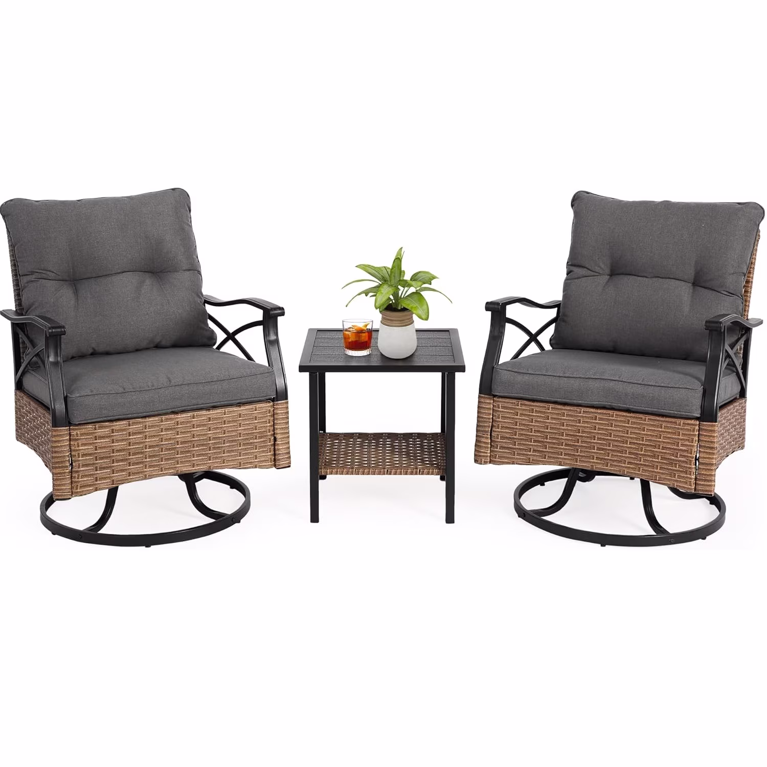Okybaby Outdoor Rattan Wicker Swivel Rocking Chair Set of 3 with 2 Chairs and 1 Side Table, All Weather Rattan Outdoor Bistro Sets with Soft Cushions for Porch, Balcony, Backyard, Garden