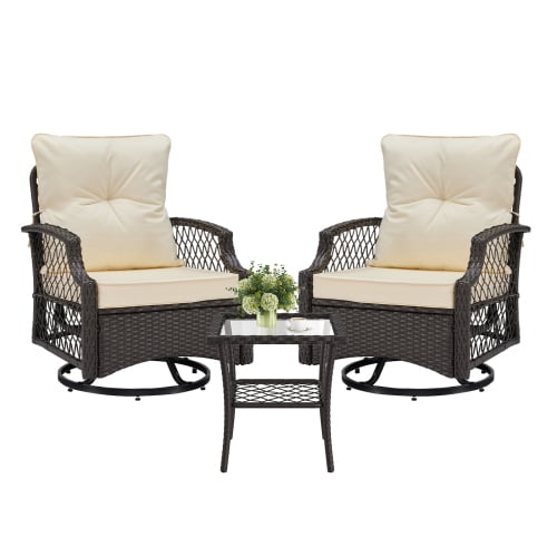 Okybaby Patio Swivel Rocking Chair Set of 3 with 2 Amrchairs and 1 Side Table, All Weather Rattan Wicker Bistro Sets with Soft Cushions for Porch, Balcony, Backyard, Garden, Beige
