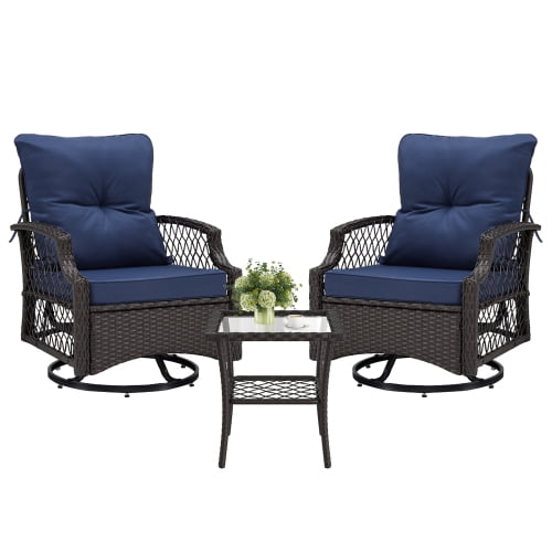 Okybaby Patio Swivel Rocking Chair Set of 3 with 2 Amrchairs and 1 Side Table, All Weather Rattan Wicker Bistro Sets with Soft Cushions for Porch, Balcony, Backyard, Garden, Blue