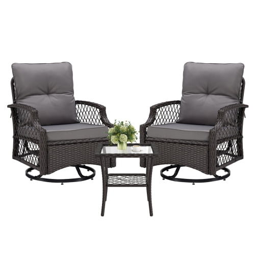 Okybaby Patio Swivel Rocking Chair Set of 3 with 2 Amrchairs and 1 Side Table, All Weather Rattan Wicker Bistro Sets with Soft Cushions for Porch, Balcony, Backyard, Garden, Gray
