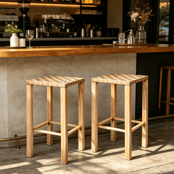 Okybaby Set of 2 Counter Height Bar Stools, 27.6" Metal Tall Bar Chairs with Footrest, Handmade Drawstring Bar Stools for Kitchen Island, Dining Room, Pub & Cafe