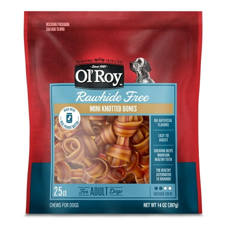 Ol' Roy 2.5" Rawhide Free Mini Knotted Peanut Butter Flavored Bones, Chews for Dogs, 14 oz, 25 Count