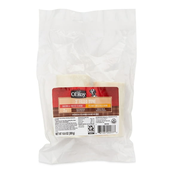Ol' Roy 3" Stuffed Shin Bone Dog Chew Treats, 1 Peanut Butter and 1 Bacon and Cheese, 2 Count