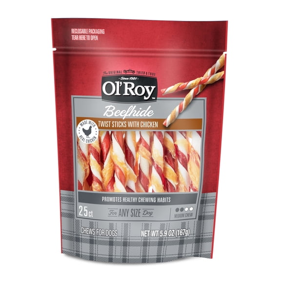 Ol' Roy 5 Inch Rawhide Chicken Sticks, Dog Treats, Beef hide Twists Chicken Flavor, 5.9 oz, 25 Count