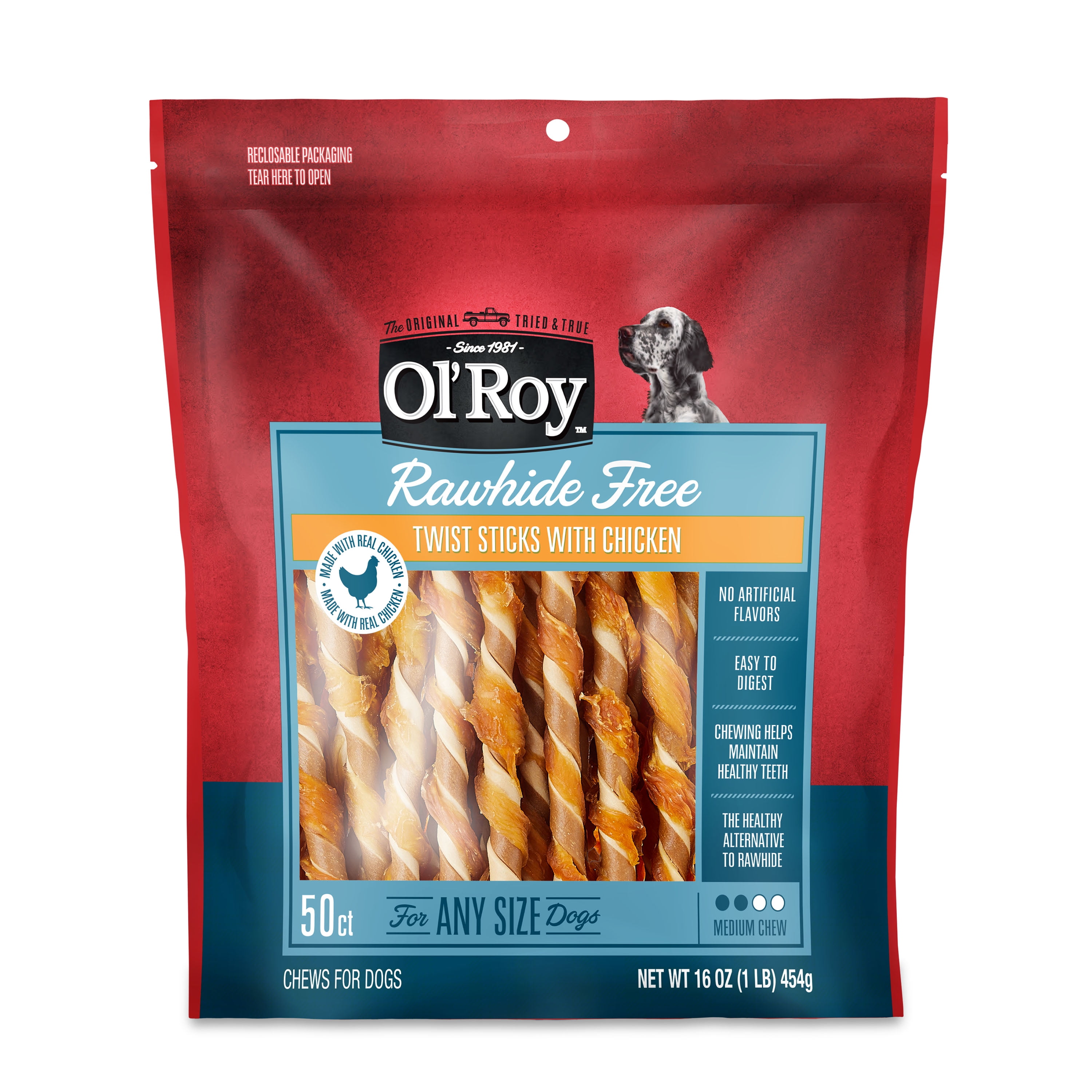 Ol Roy Rawhide Free Twist Sticks with Chicken Dog Treats 16 oz 50 Count Size Medium Sized