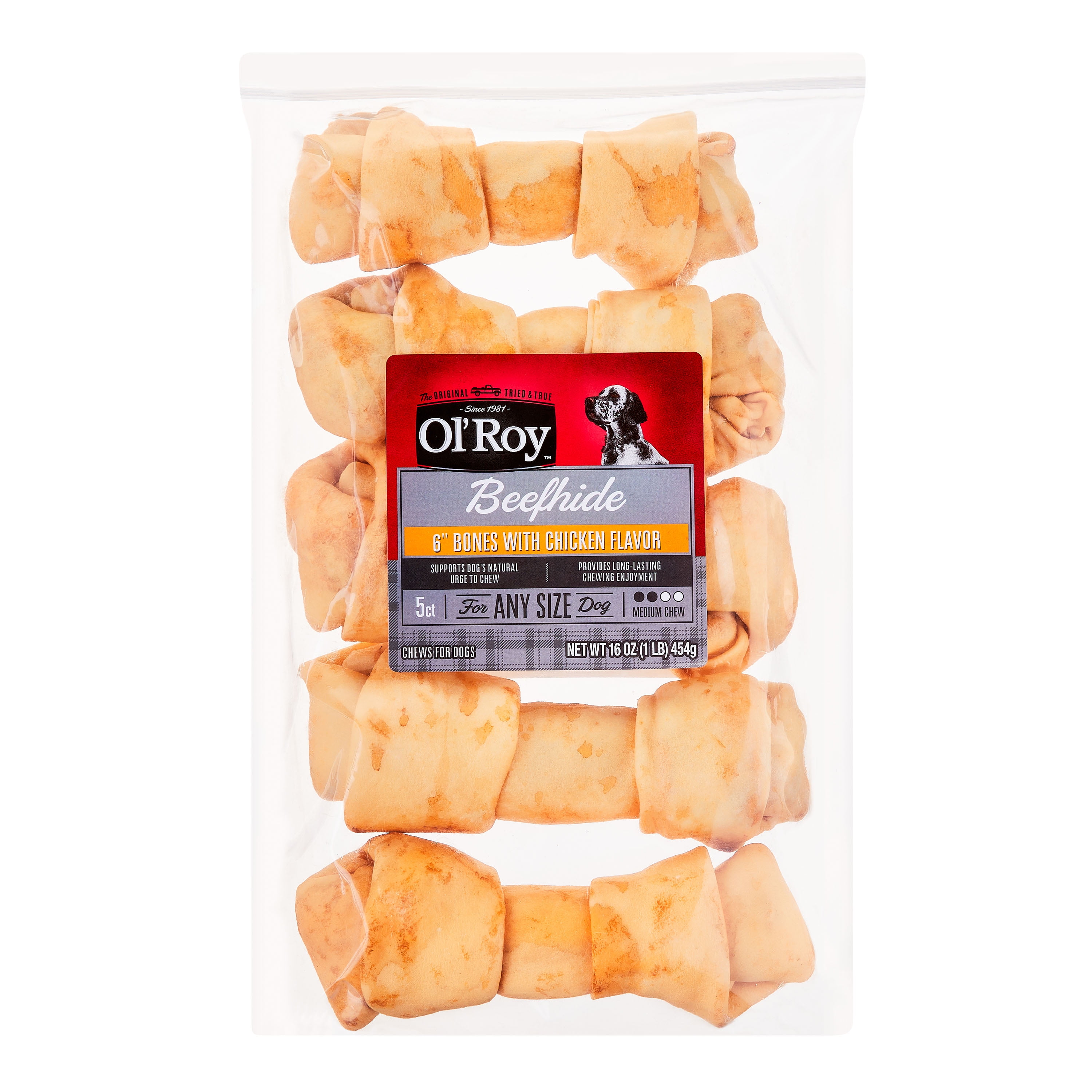 Ol' Roy 6" Beefhide Bones with Chicken Flavor Chews for Dogs, Dry, 16
