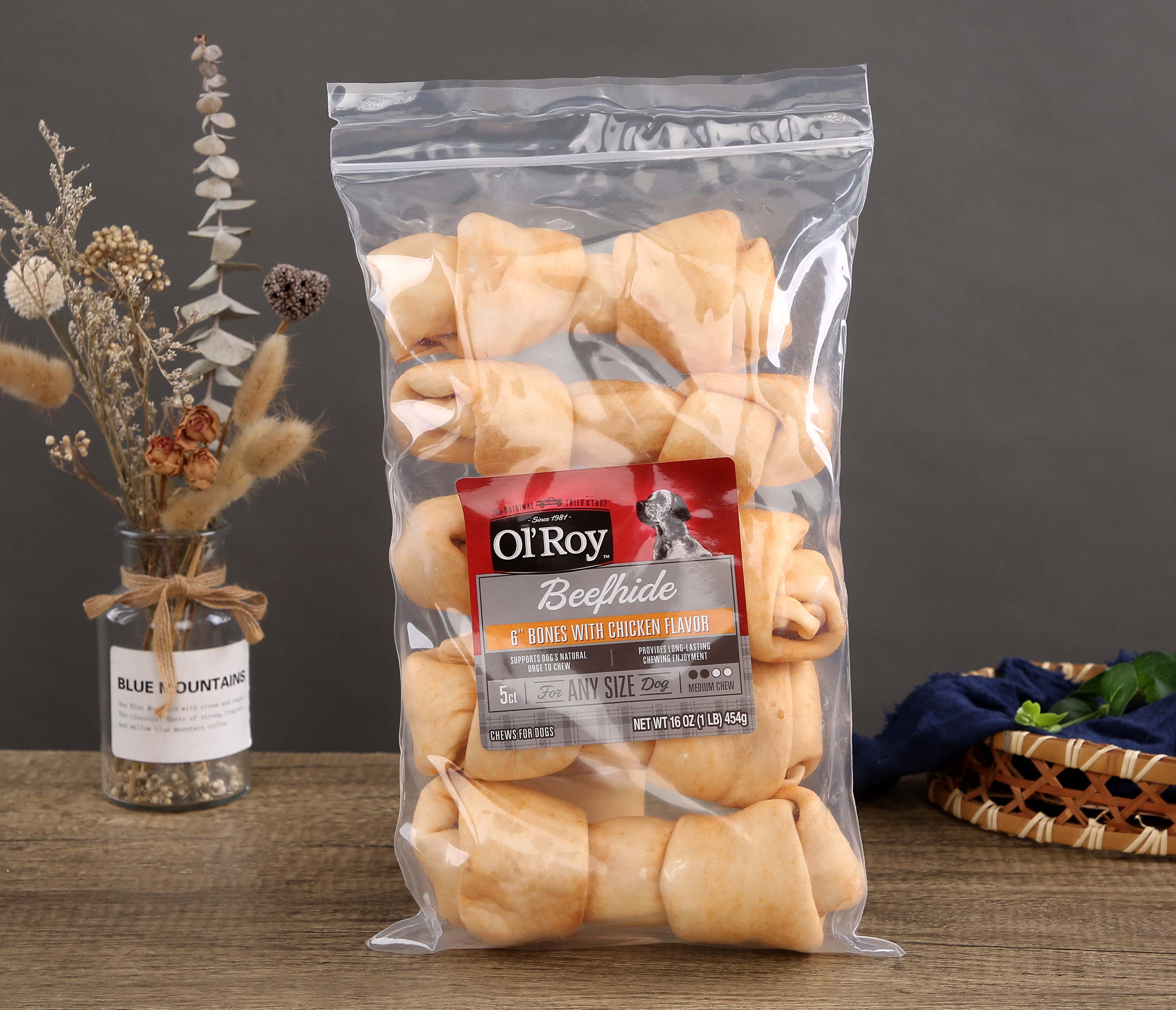 Ol' Roy 6 Inch Beefhide Bones with Chicken Flavor Chews for Dogs, 16 oz, 5 Count/Bag, Pet Treats