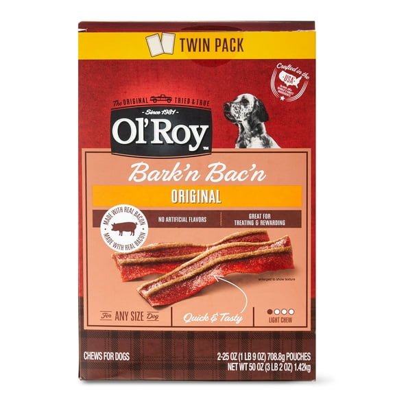 Ol'Roy Bark'n Bac'n Dog Treats with Real Bacon Chews, 25 oz Box (2 Count)