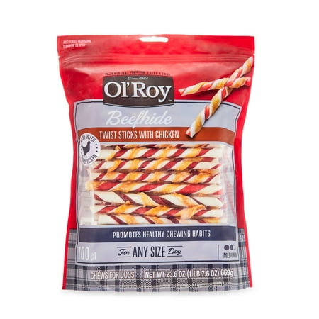 Ol' Roy Rawhide Chicken Sticks, Dog Treats, Beef hide Twists Chicken Flavor 23.6 oz, 5 Inch, 100 Count