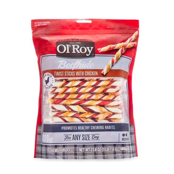 Ol'Roy Rawhide Chicken Sticks, Dog Treats, Beefhide Twists Chicken Flavor 23.6 oz, 5 inch, 100 Count