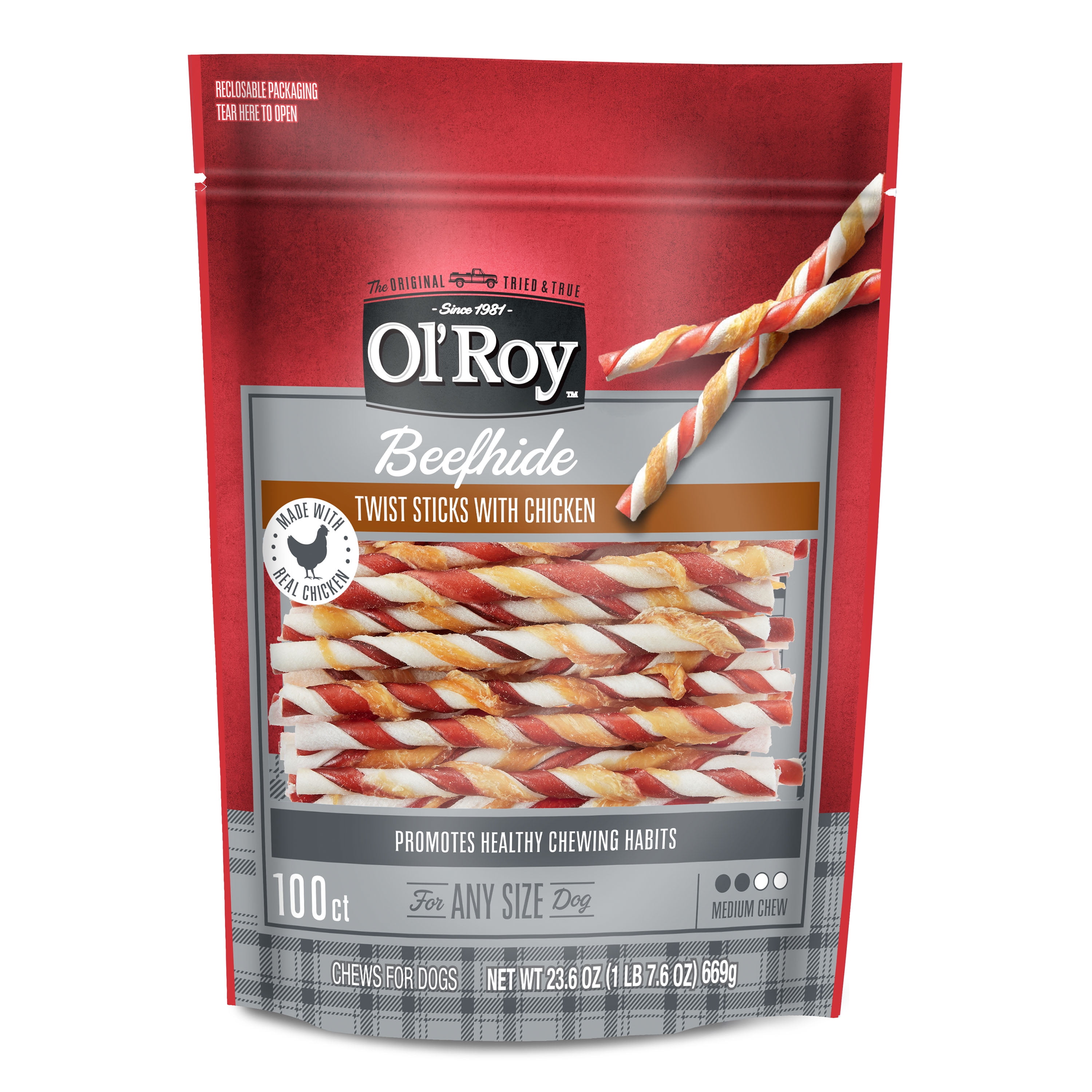Ol Roy Natural Beefhide Twist Sticks with Real Chicken for Dogs Low Fat Protein 100 Count 23.6 oz Walmart
