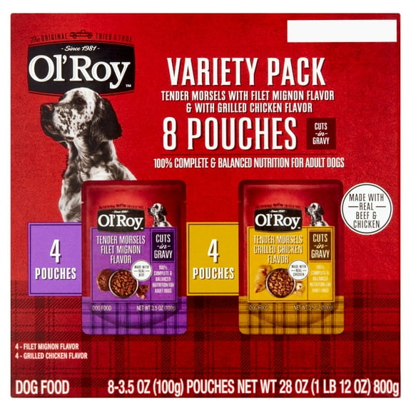Ol' Roy Tender Morsels Filet Mignon and Grilled Chicken Cuts in Gravy Variety Pack, 3.5 oz Pouches (8 Pack)