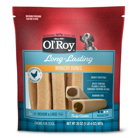 Ol' Roy Long-Lasting Chicken Flavor Munchy Bones Chews for Dogs, 7 count, 20 oz