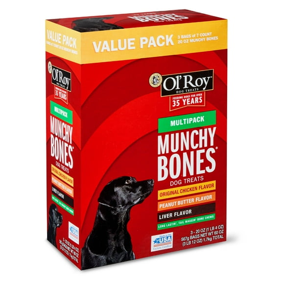 Ol' Roy Munchy Bones Dog Treats Value Pack, Chicken, Liver & Peanut Butter, 60 oz, 21 Count