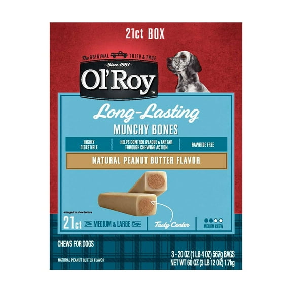 Ol' Roy Peanut Butter Munchy Bones Dog Treats for Dogs, Medium to Large, 21 Count, 60 oz