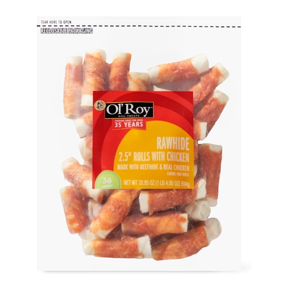 Ol' Roy Rawhide 2.5-inch Rolls with Chicken, Natural Beef hide & Real Chicken, 20.95 oz, 36 Count