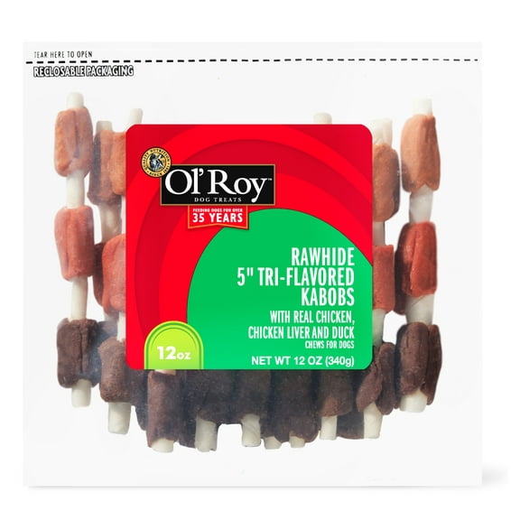 Ol' Roy Rawhide 5-inch Tri-Flavored Kabobs with Real Chicken, Chicken Liver & Duck Chews for Dogs, 12 oz