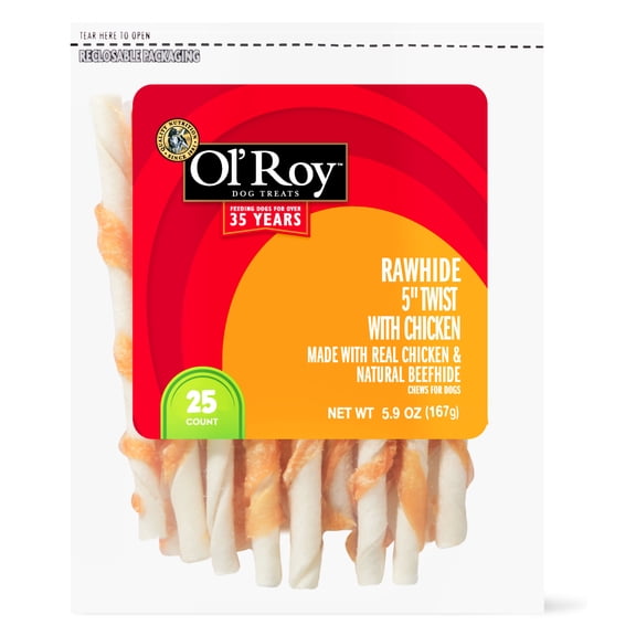 Ol' Roy Rawhide 5-inch Twist with Chicken Chews for Dogs, 5.9 oz, 25 Count