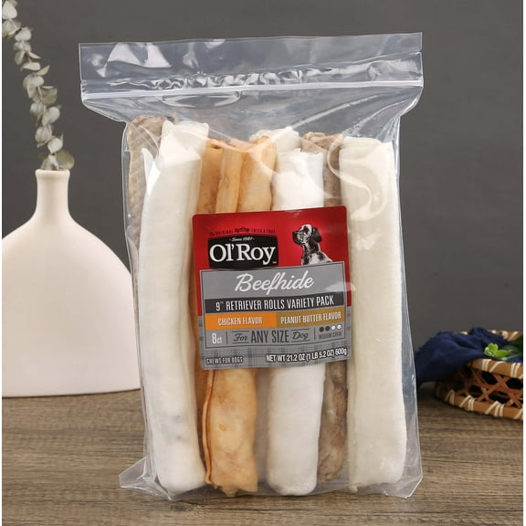 Ol' Roy Rawhide 9" Retrievers Multi-Flavored Chews for Dogs, Dry, 21.2 oz, 8 Count, Pet Treats