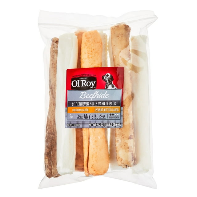 Ol' Roy Rawhide 9" Retrievers MultiFlavored Chews for Dogs, Dry, 21.2