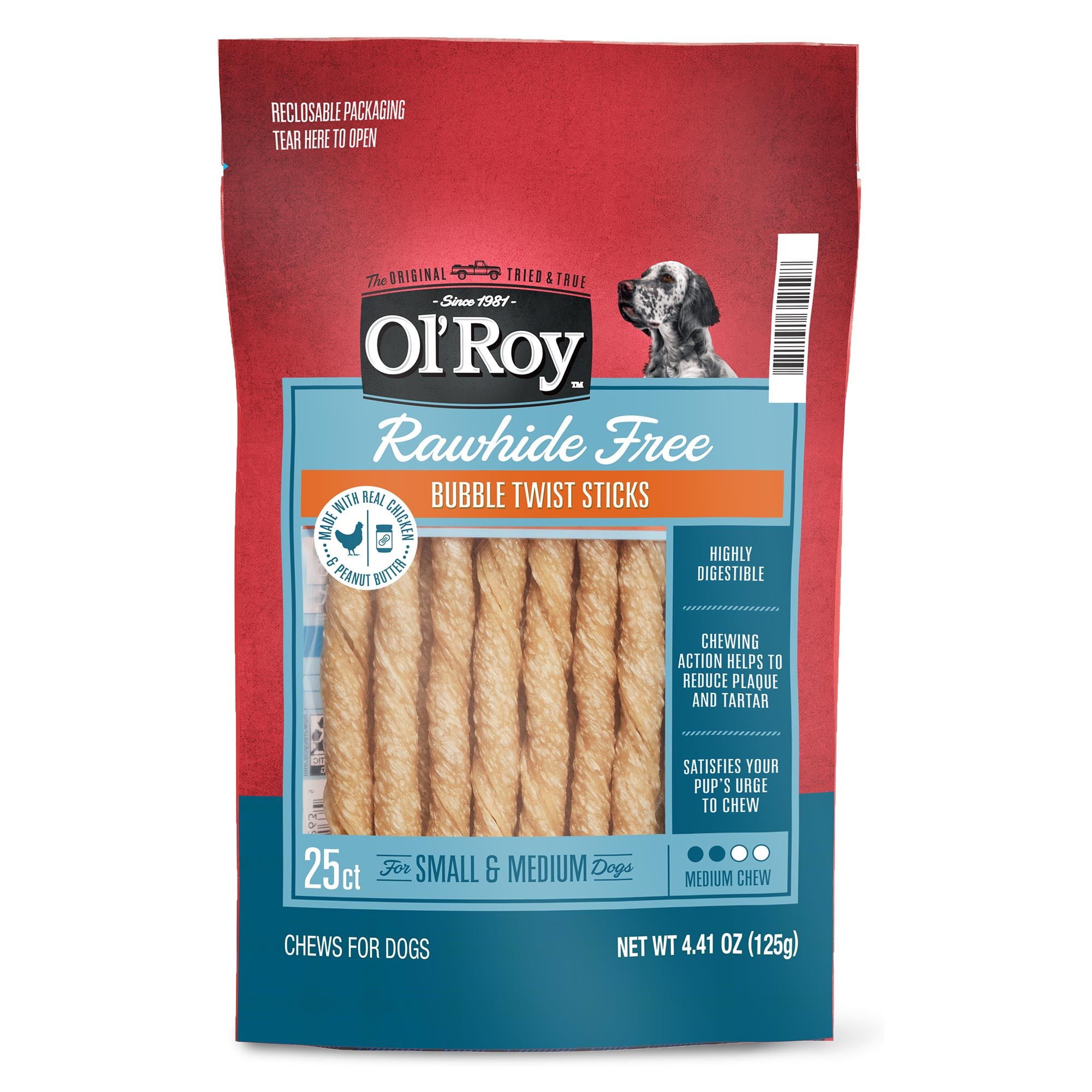 Ol Roy Brandclub Ol Roy Rawhide Free Bubble Twist Sticks for Small and Medium Size Dogs Chicken and Peanut Butter Flavor 25 Count