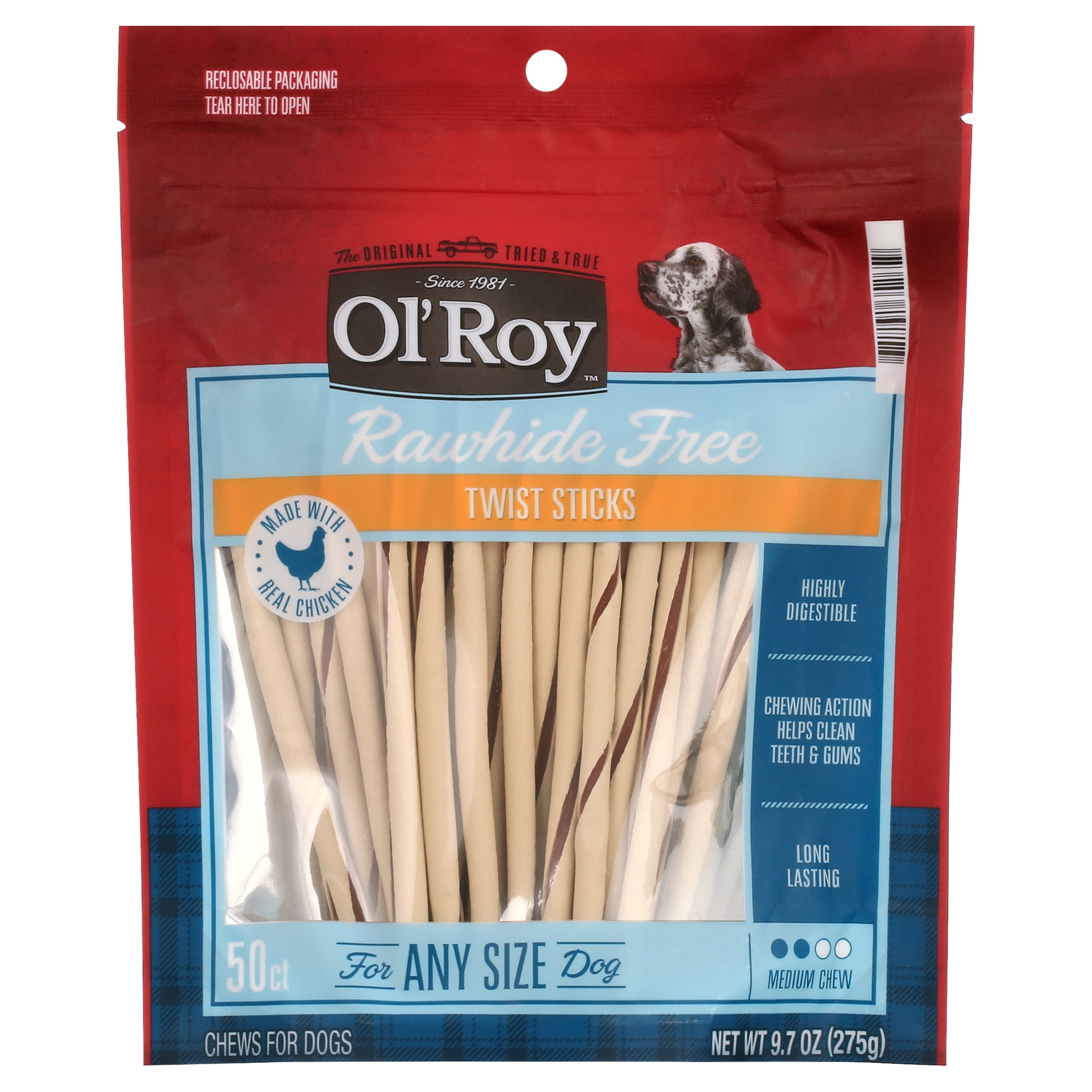 Ol' Roy Rawhide Free Chicken Twist Sticks for Dogs, 50 Count