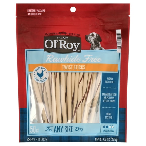 Ol' Roy Rawhide Free Chicken Twist Sticks for Dogs, 9.7 oz. Bag, 50 Treats