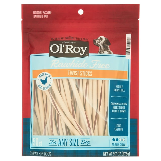 Ol' Roy Rawhide Free Chicken Twist Sticks for Dogs, 50 Count