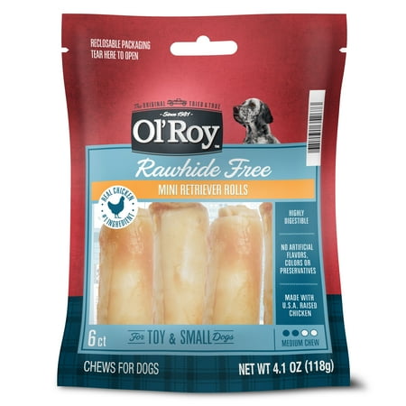 Ol’ Roy Rawhide Free Mini Retriever Rolls for Toy and Small Dogs, 6 Count