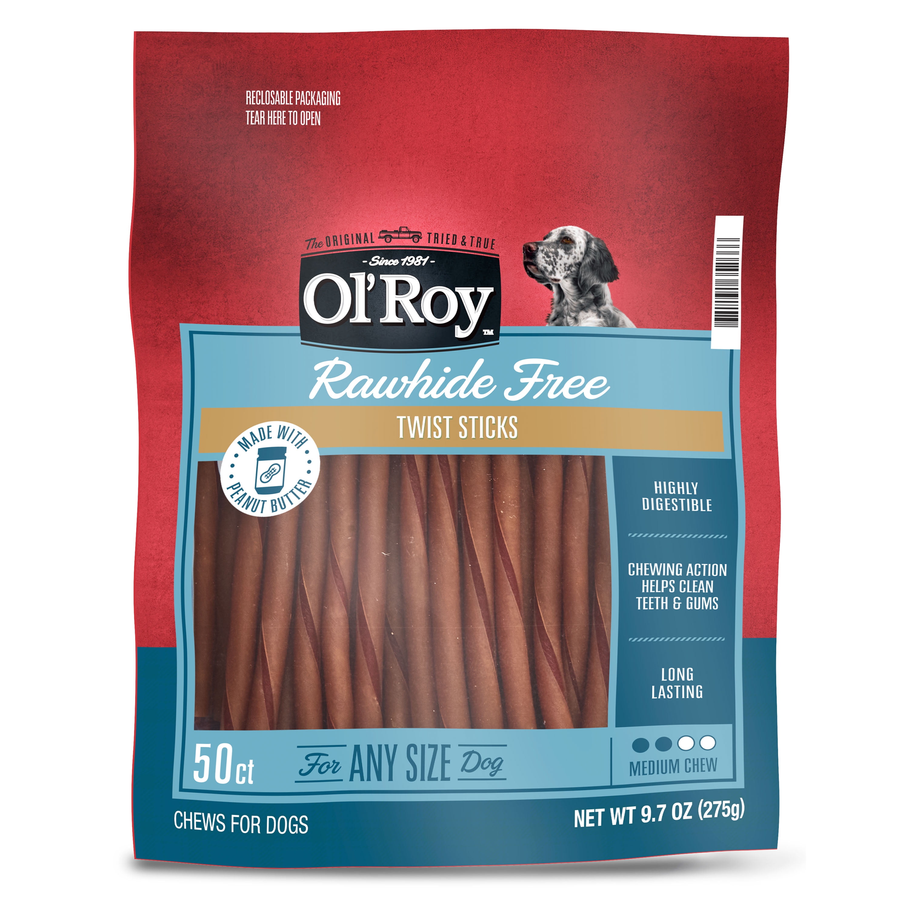 Ol' Roy Rawhide Free Peanut Butter Twist Sticks for Dogs, 50 Count