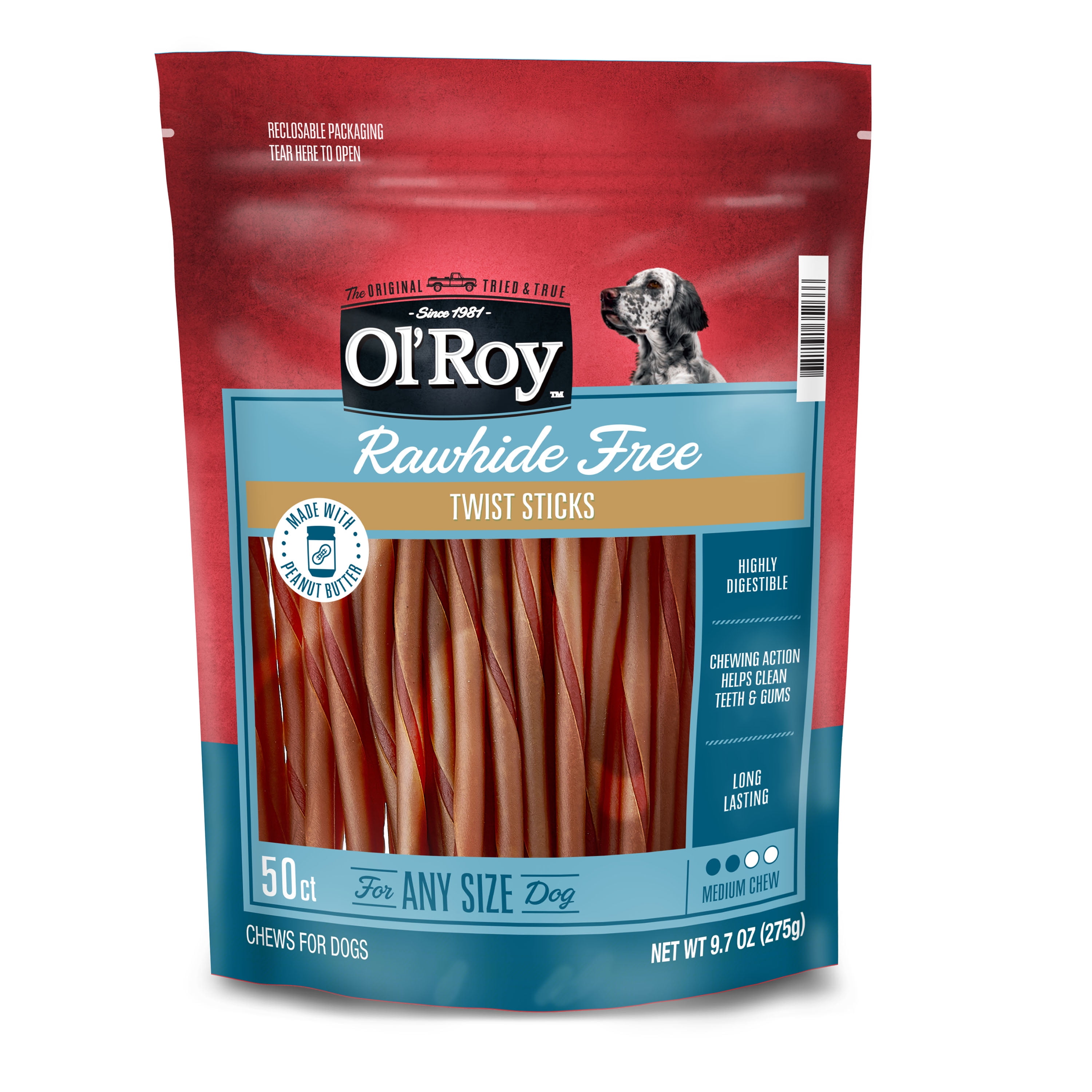 Ol' Roy Rawhide Free Twist Sticks with Peanut Butter, 50 Count