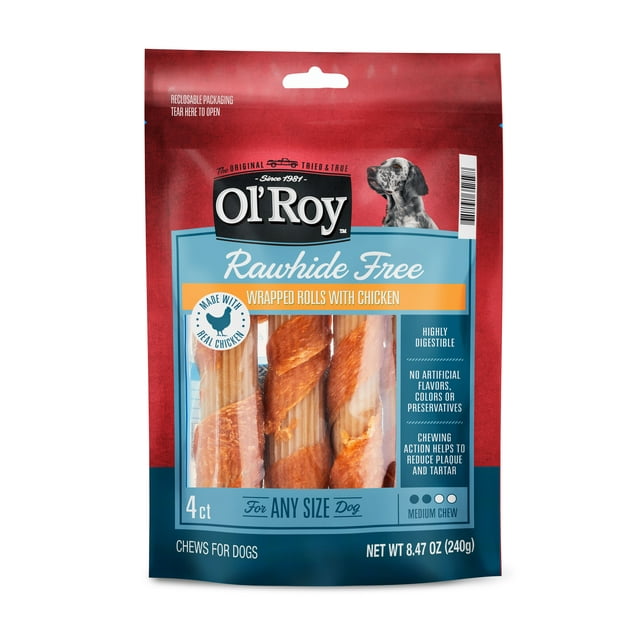 Ol' Roy Rawhide Free Wrapped Rolls with Chicken for Any Size Dogs, Dry