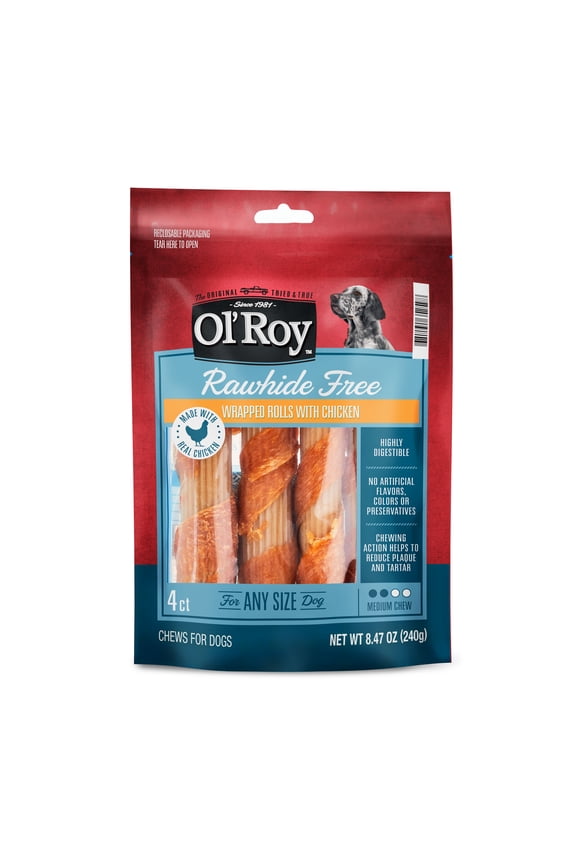 Ol' Roy Rawhide Free Wrapped Rolls with Chicken for Any Size Dogs, Dry, 8.47 oz Bag, 4 Count
