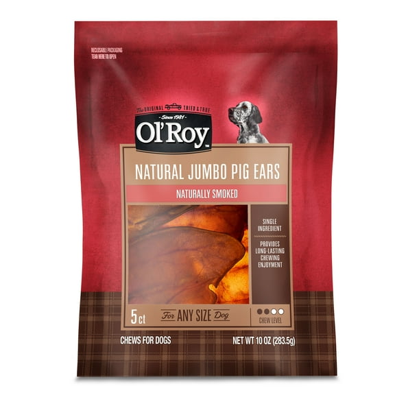 Ol' Roy Smoked Jumbo Pig Ear Chews for Dogs, 10 oz, 5 Count, Pet Treats, Dry