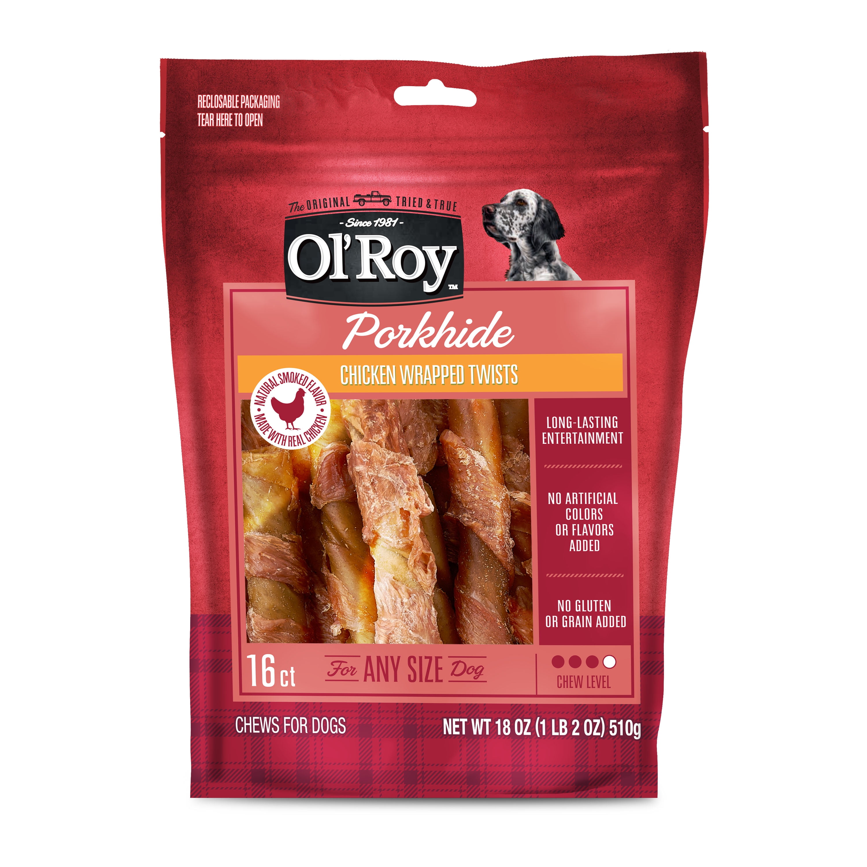 Ol' Roy Wrapped Porkhide Twists with Chicken, 16 Count, 18 oz, Dry