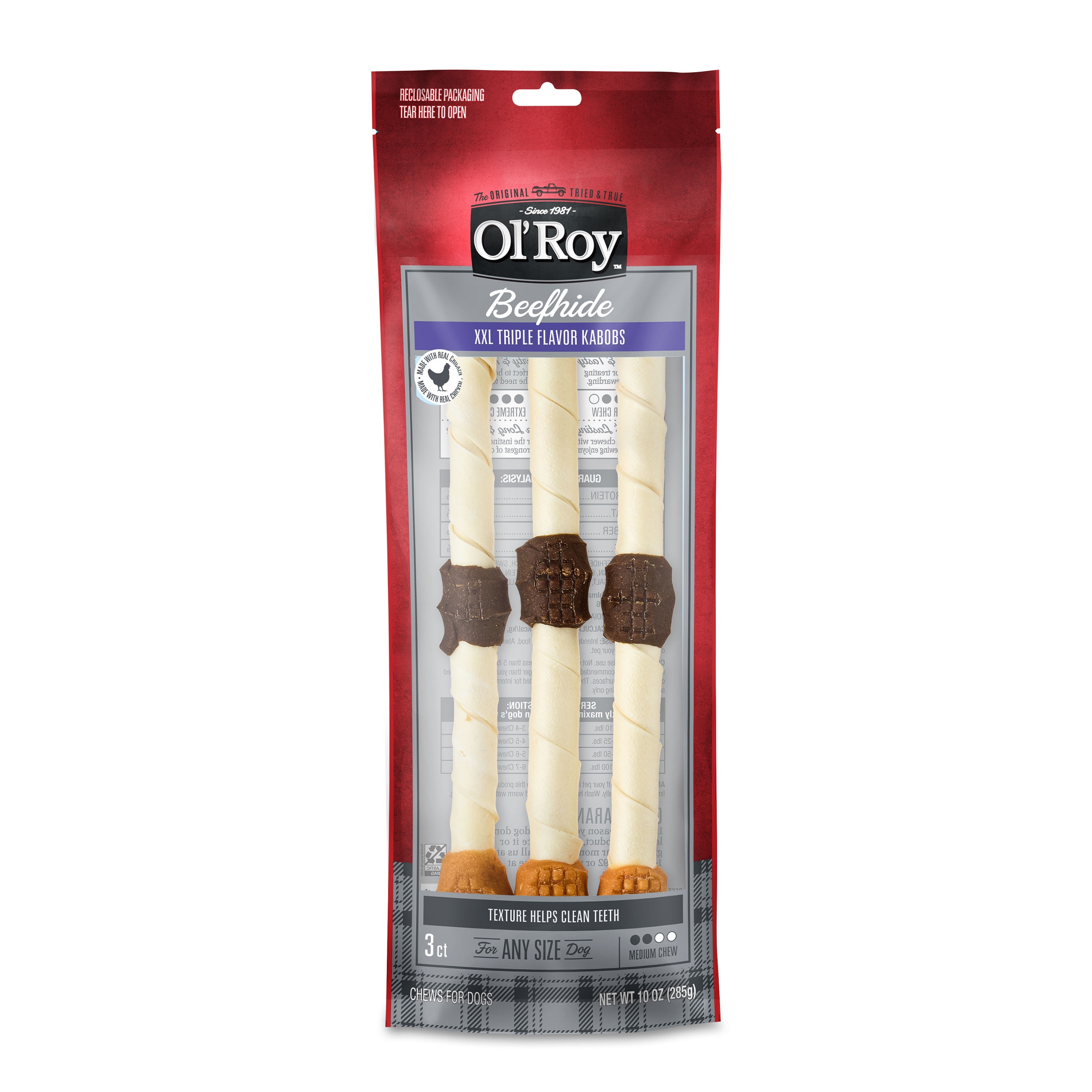 Ol' Roy XXL Triple Flavor Kabobs Beef hide Dog Treats, 10 oz, 3 Count