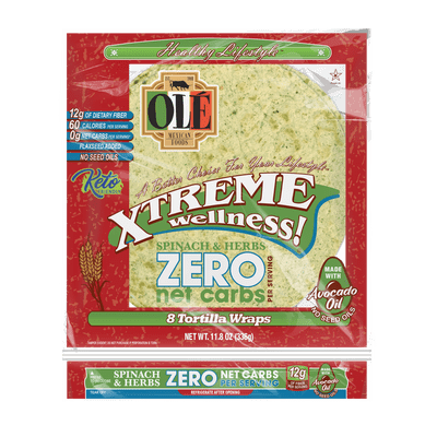 Ol Mexican Foods Xtreme Wellness Zero Net Carbs Spinach & Herbs Soft Taco Flour Tortillas, 11.8 oz, 8 Count